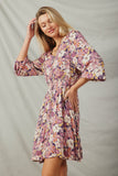 HY7540 Violet Womens Floral Print Button Up V Neck Smock Detail Dress Pose