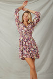 HY7540 Violet Womens Floral Print Button Up V Neck Smock Detail Dress Front