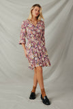 HY7540 Violet Womens Floral Print Button Up V Neck Smock Detail Dress  Full Body