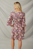 HY7540 Violet Womens Floral Print Button Up V Neck Smock Detail Dress  Back