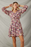 HY7540 Violet Womens Floral Print Button Up V Neck Smock Detail Dress Front