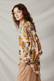 HY7563 Taupe Womens Bold Floral Puff Sleeve Tie Neck Top Side