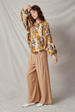 HY7563 Taupe Womens Bold Floral Puff Sleeve Tie Neck Top Full Body 2