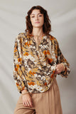 HY7563 Taupe Womens Bold Floral Puff Sleeve Tie Neck Top Front