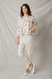 HY7590 Ivory Womens Textured Satin Floral Asymmetric Peasant Sleeve Top Full Body