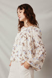 HY7590 Ivory Womens Textured Satin Floral Asymmetric Peasant Sleeve Top Side