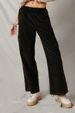 HY7600 Black Womens Washed Corduroy Wide Leg Cargo Pants Front