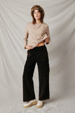 HY7600 Black Womens Washed Corduroy Wide Leg Cargo Pants Full Body