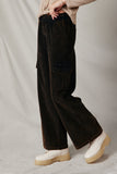 HY7600 Black Womens Washed Corduroy Wide Leg Cargo Pants Side