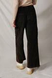 HY7600 Black Womens Washed Corduroy Wide Leg Cargo Pants Detail