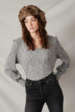 HY7609 Grey Womens Textured V Neck Speckled Rib Knit Top Front