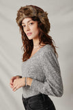 HY7609 Grey Womens Textured V Neck Speckled Rib Knit Top Side