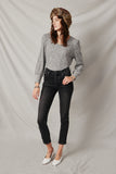 HY7609 Grey Womens Textured V Neck Speckled Rib Knit Top Full Body