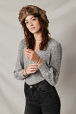 HY7609 Grey Womens Textured V Neck Speckled Rib Knit Top Front 2