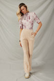 HY7613 Beige Womens Pleat Detail Pocketed Corduroy Pants Full Body