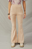 HY7613 BeigeWomens Pleat Detail Pocketed Corduroy Pants Front