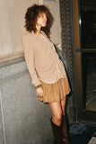 HY7615 Taupe Womens Gathered Front Button Up Knit Shirt Pose