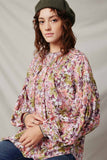 HY7673 Purple Womens Floral Smocked Yoke Dolman Sleeve Top Pose