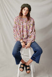 HY7673 Purple Womens Floral Smocked Yoke Dolman Sleeve Top Pose 2