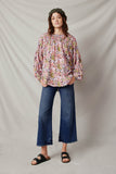 HY7673 Purple Womens Floral Smocked Yoke Dolman Sleeve Top Full Body