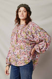 HY7673 Purple Womens Floral Smocked Yoke Dolman Sleeve Top Side