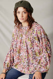 HY7673 Purple Womens Floral Smocked Yoke Dolman Sleeve Top Front