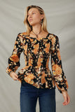 HY7681 BlackWomens Satin Floral Loose Smocked Square Neck Top Front