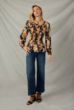 HY7681 BlackWomens Satin Floral Loose Smocked Square Neck Top Full Body