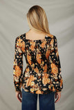 HY7681 BlackWomens Satin Floral Loose Smocked Square Neck Top Back