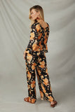 HY7683 Black Womens Satin Floral Smocked Waist Tie Front Jumpsuit Back