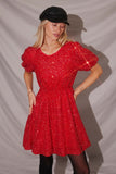 HY7692 Red Womens Puff Sleeve Mixed Sequin Dress Front