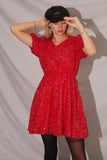 HY7692 Red Womens Puff Sleeve Mixed Sequin Dress Pose