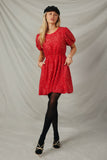 HY7692 Red Womens Puff Sleeve Mixed Sequin Dress Full Body