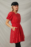 HY7692 Red Womens Puff Sleeve Mixed Sequin Dress Detail