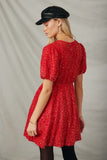 HY7692 Red Womens Puff Sleeve Mixed Sequin Dress Back