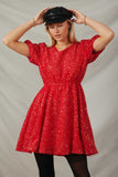 HY7692 Red Womens Puff Sleeve Mixed Sequin Dress Pose 2