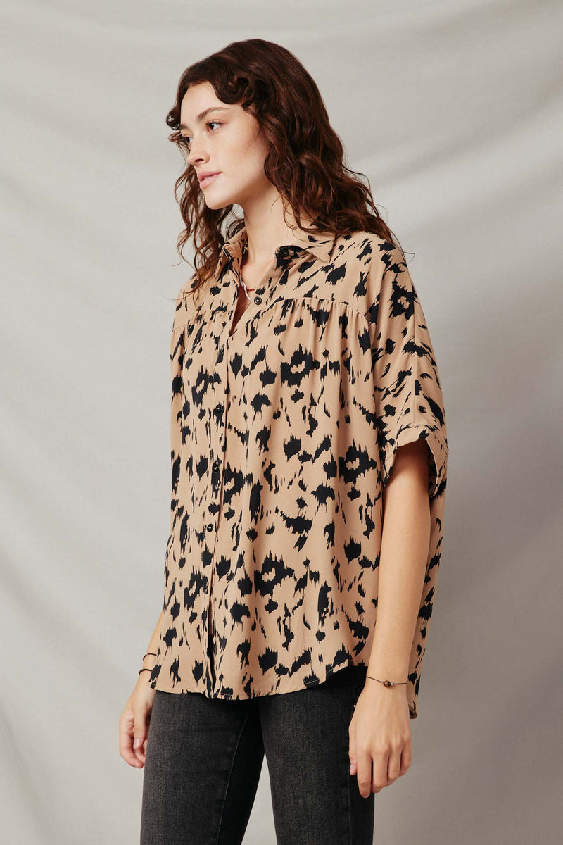 HY7712 Taupe Womens Button Up Animal Print Dolman Shirt Side