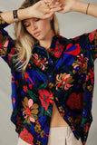 HY7735 Black Womens Retro Floral Satin Button Down Oversized Shirt Pose