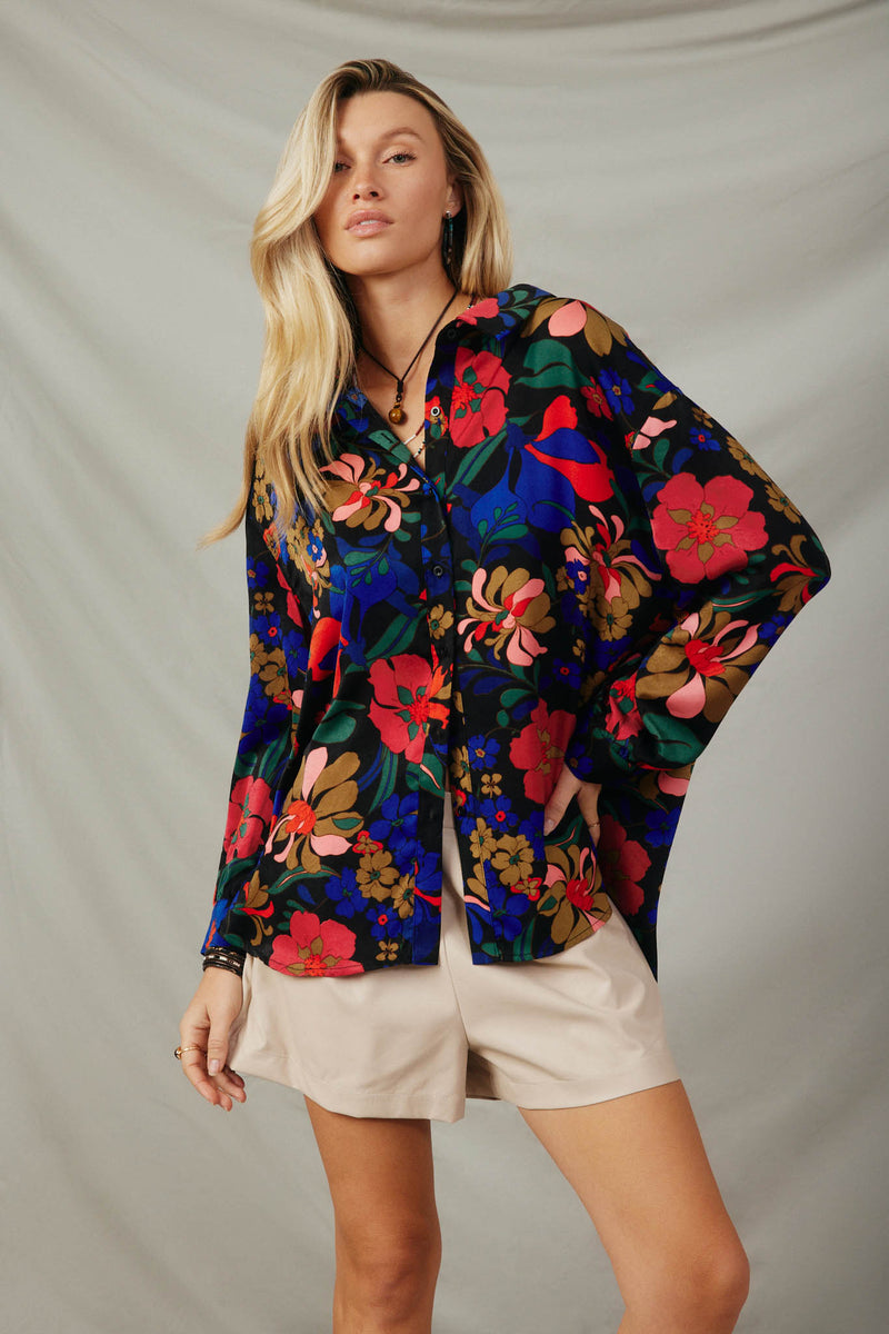 HY7735 Black Womens Retro Floral Satin Button Down Oversized Shirt Front