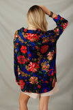 HY7735 Black Womens Retro Floral Satin Button Down Oversized Shirt Back