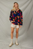 HY7735 Black Womens Retro Floral Satin Button Down Oversized Shirt Full Body