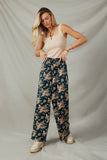 HY7756 Teal Womens Antique Floral Smocked Waist Wide Leg Pants Full Bpdy