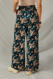 HY7756 Teal Womens Antique Floral Smocked Waist Wide Leg Pants Back