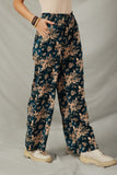 HY7756 Teal Womens Antique Floral Smocked Waist Wide Leg Pants Detail