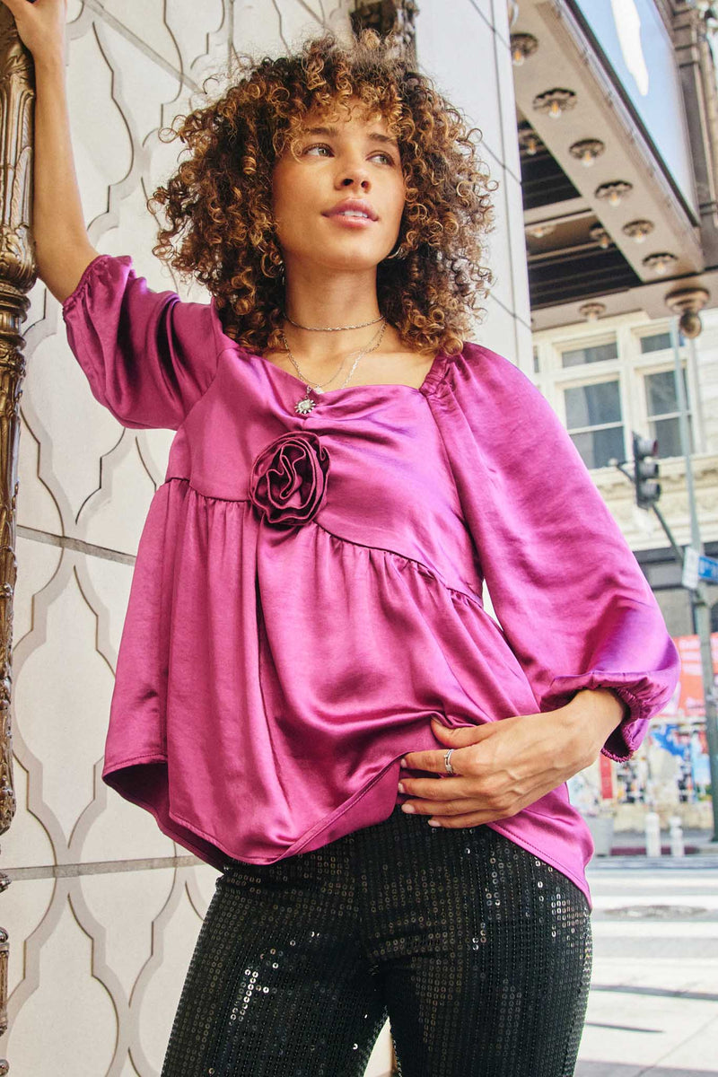 HY7760 Magenta Womens Satin Rose Corsage Detail Tiered Top Pose