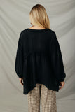 HY7769 Black Womens Washed Raw Edge Puff Sleeve Peplum Top Back