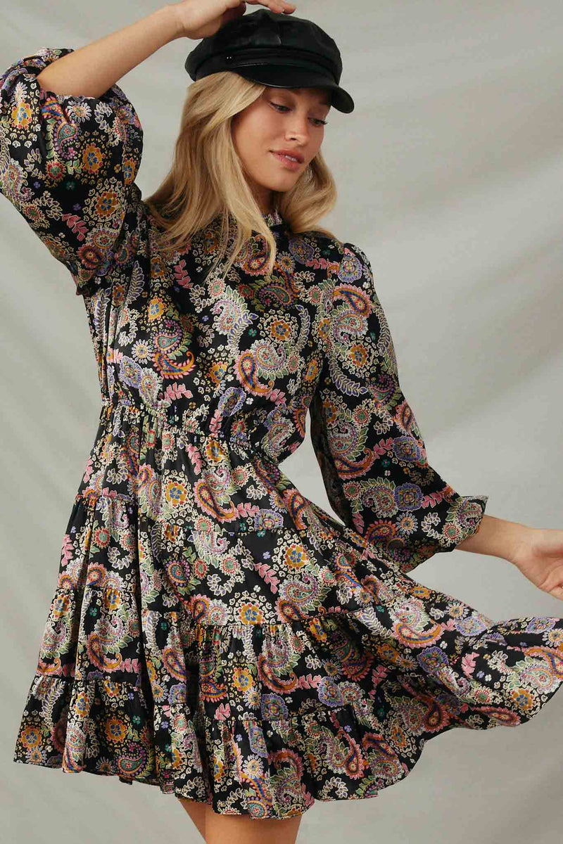 HY7807 Black Womens Floral Paisley Print 3/4 Puff Sleeve Dress Pose