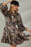 HY7807 Black Womens Floral Paisley Print 3/4 Puff Sleeve Dress Pose