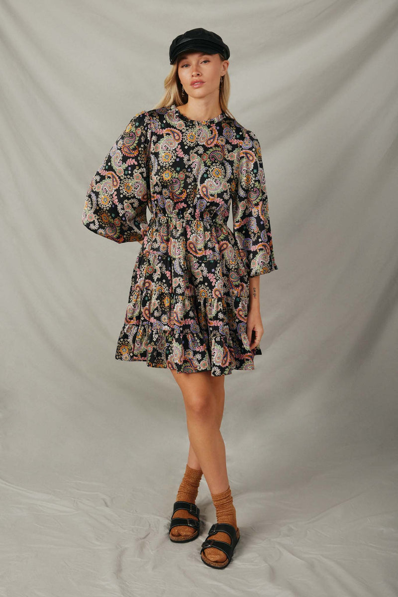 HY7807 Black Womens Floral Paisley Print 3/4 Puff Sleeve Dress Front