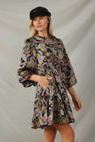 HY7807 Black Womens Floral Paisley Print 3/4 Puff Sleeve Dress Pose Side